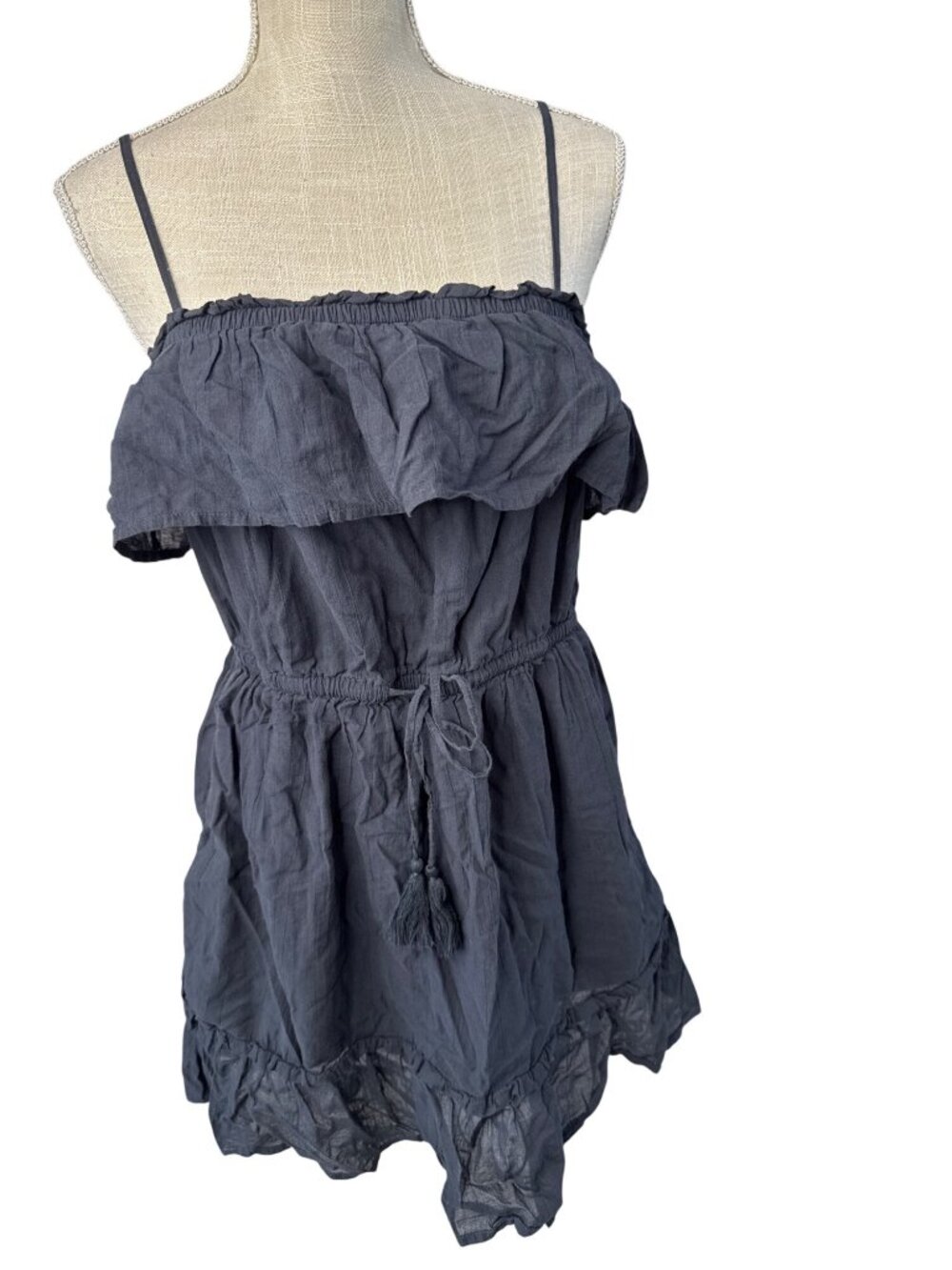 American Eagle Outfitters Womens Ruffled Off-Shoulder Mini Dress Size L Navy